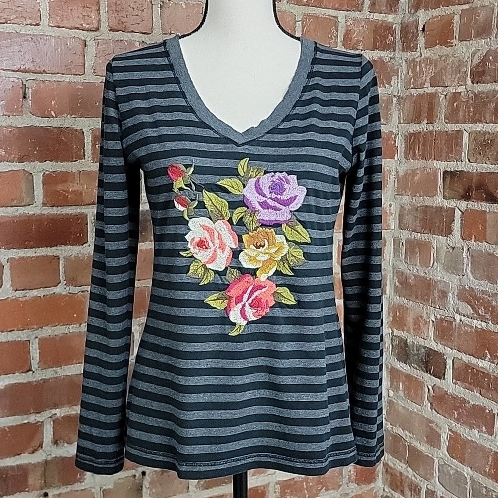 JWLA Johnny Was Women's Embroidered Floral Stripe Long Sleeve Shirt Medium‎